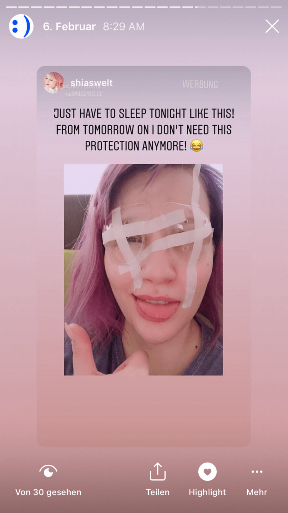 Instagram Post von Shia nach der Augenlaser-OP
